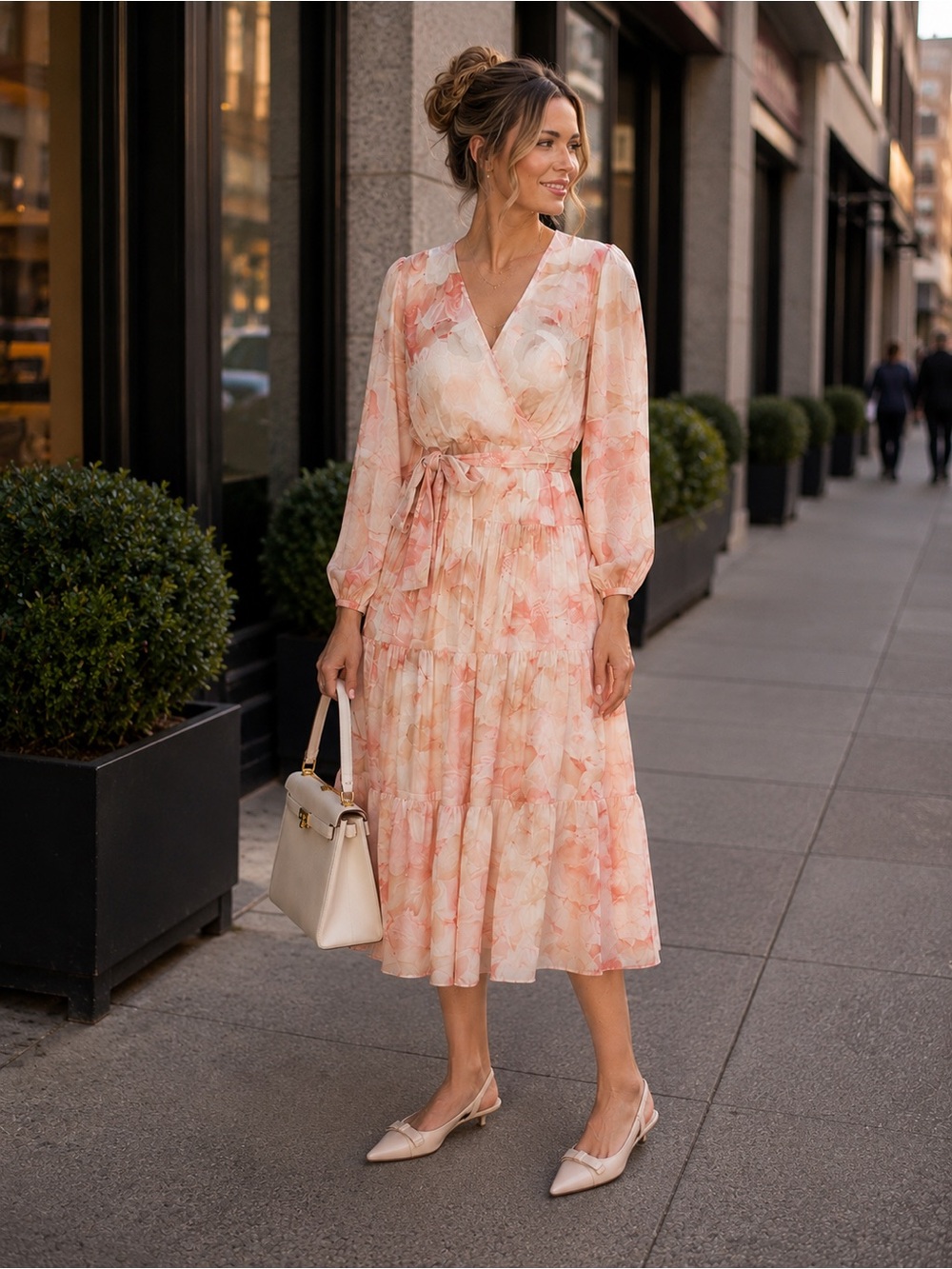 Calvin Klein Floral Mock Wrap Midi Dress in Peach Pink size 10